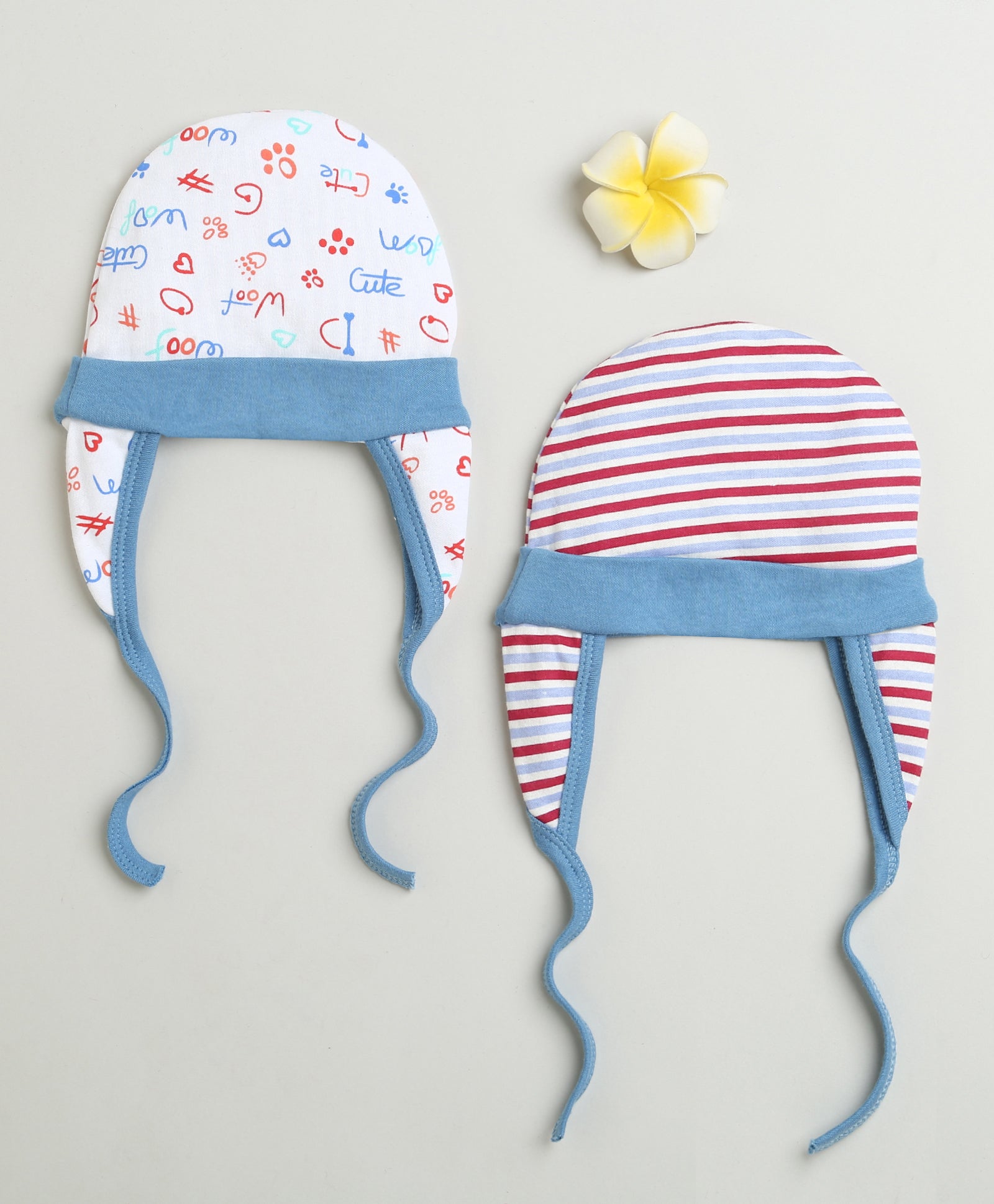 White & Multi Baby Boys Ear Flap Tying Cap Pack Of 2