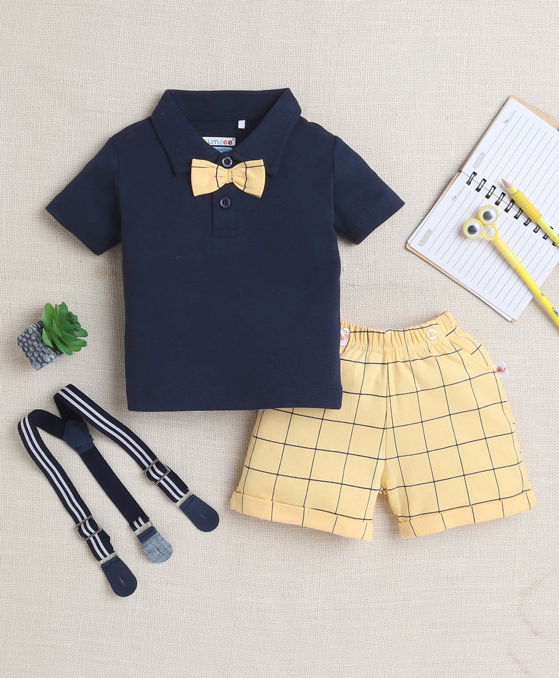 Navy & Yellow Boys Half Sleeves T-shirt & Short Set With Bow Suspender