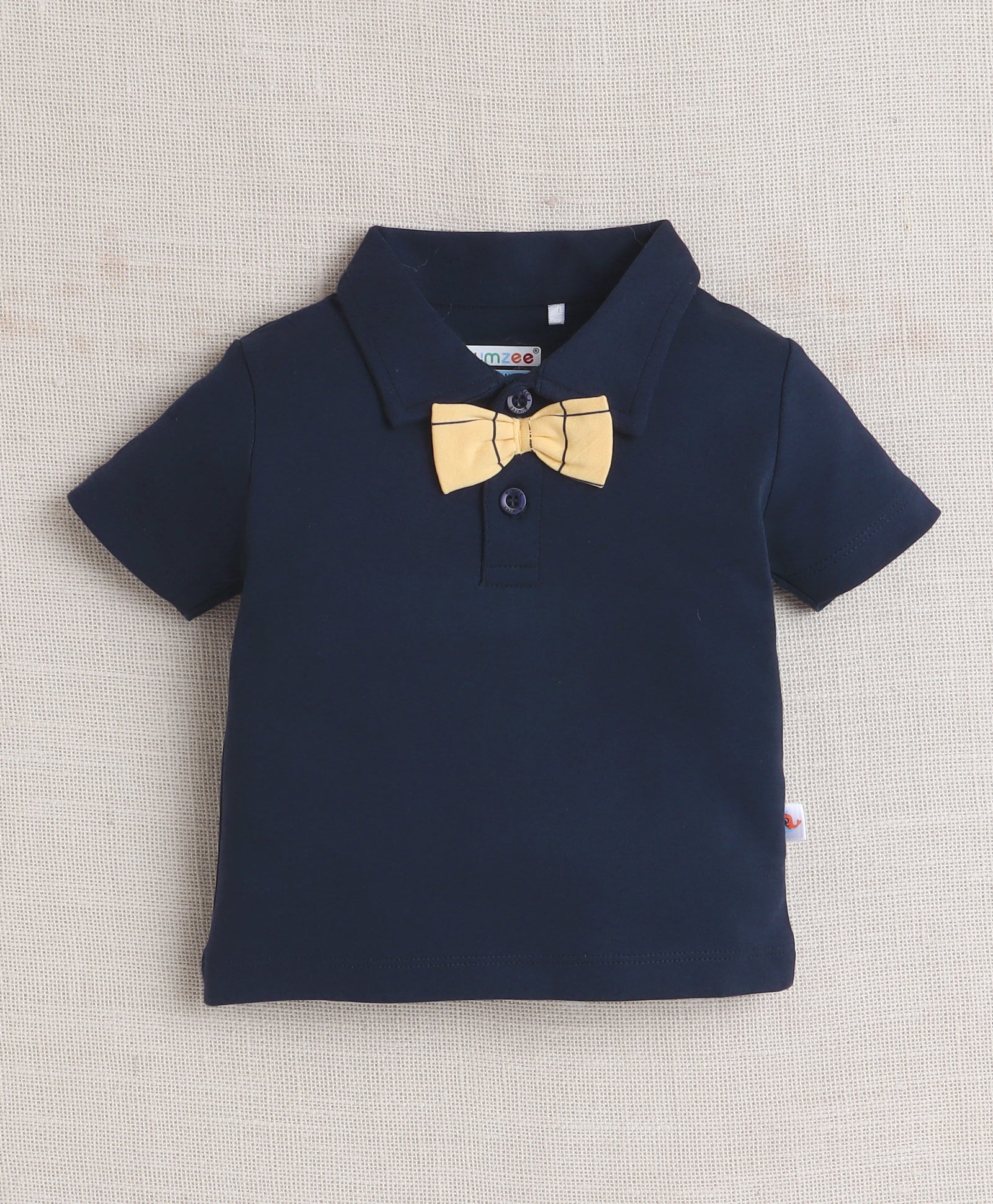 Navy & Yellow Boys Half Sleeves T-shirt & Short Set With Bow Suspender