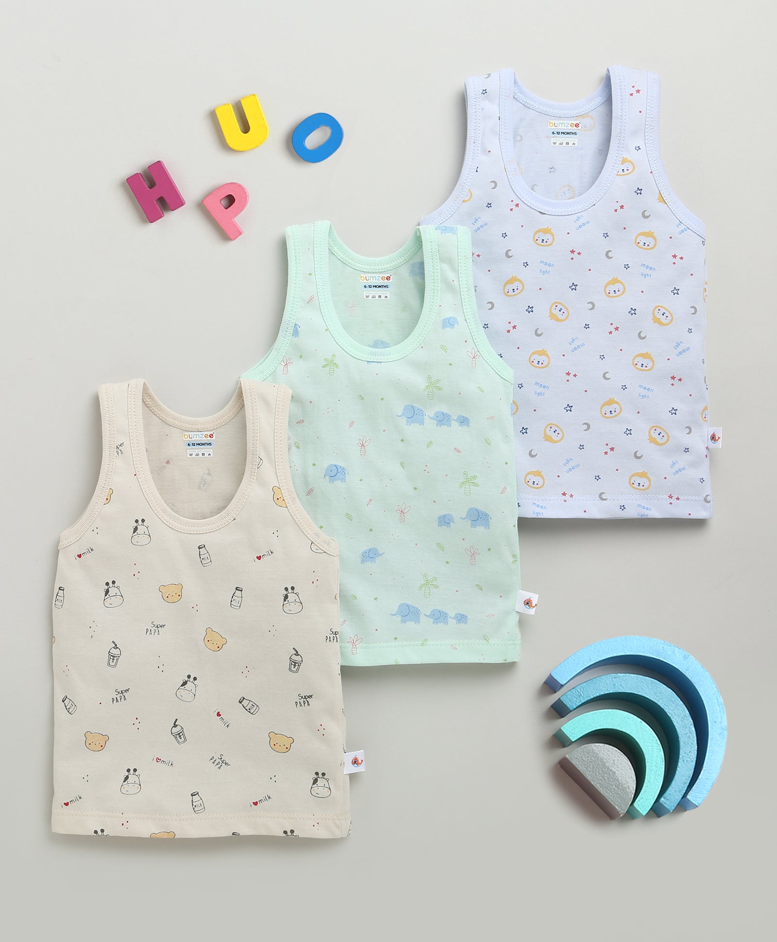 Boys Sleeveless Vest Beige & Sky Blue Pack of 3