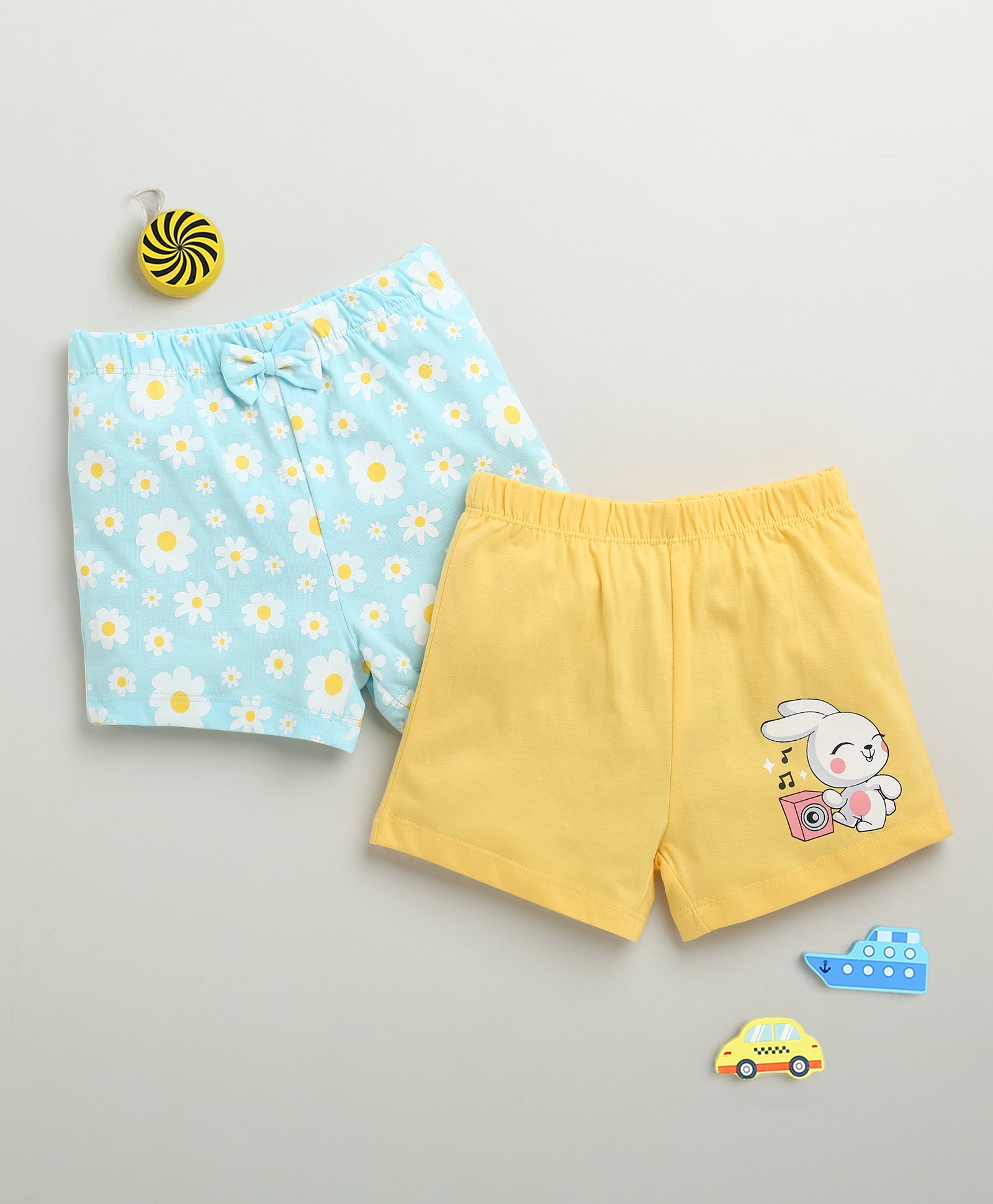 Sky Blue & Yellow Girls Shorts Pack Of 2