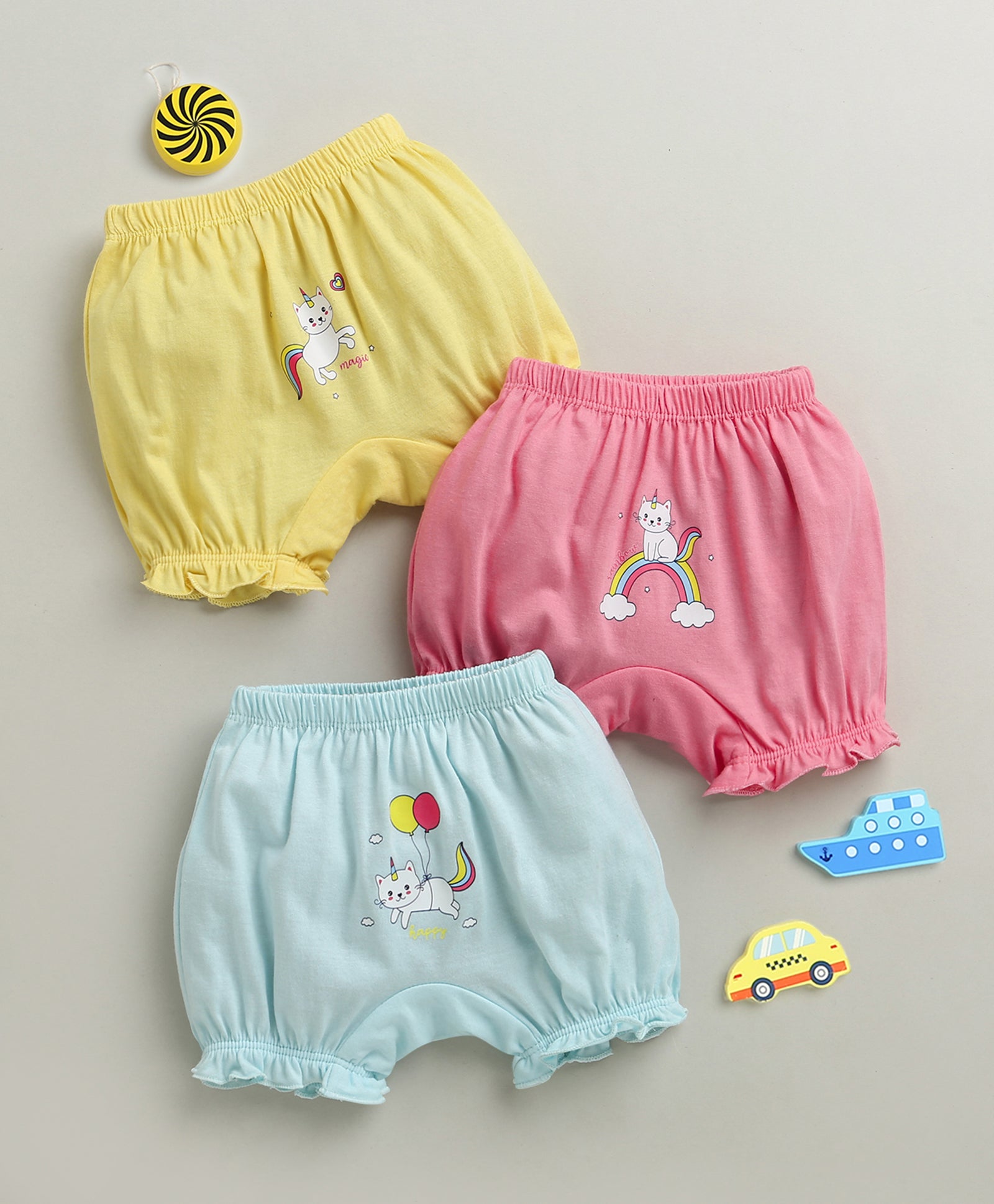 Yellow & Pink Girls Cotton Bloomers Pack of 3