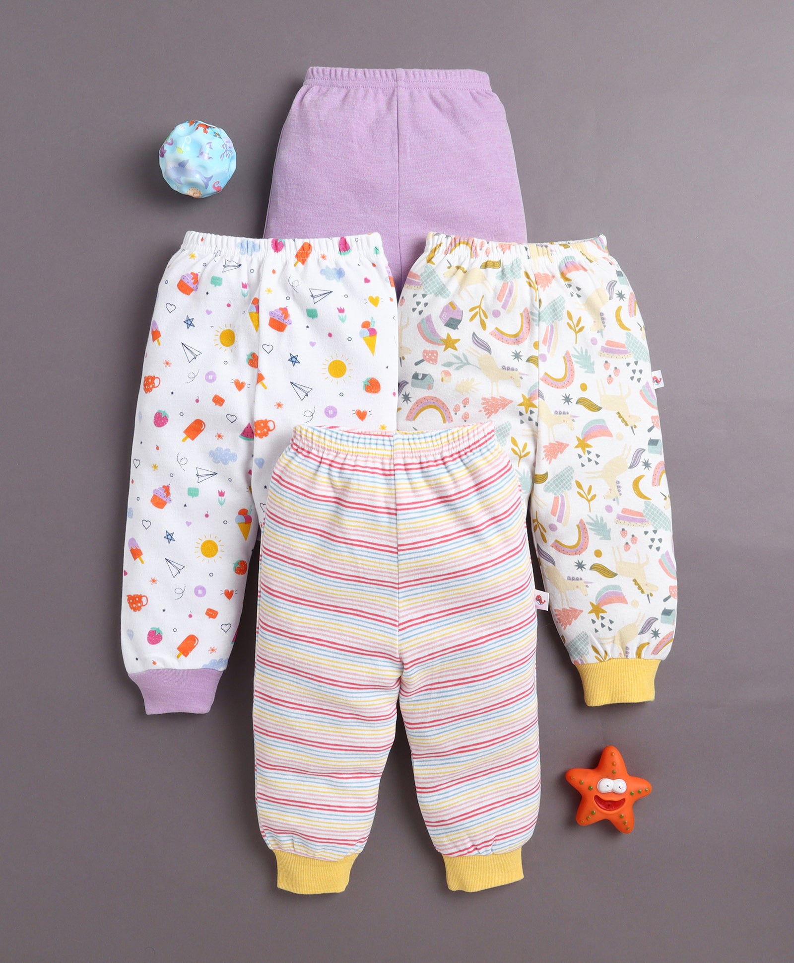 Lavender & White Full Length Girls Cotton Pyjamas Pack Of 4