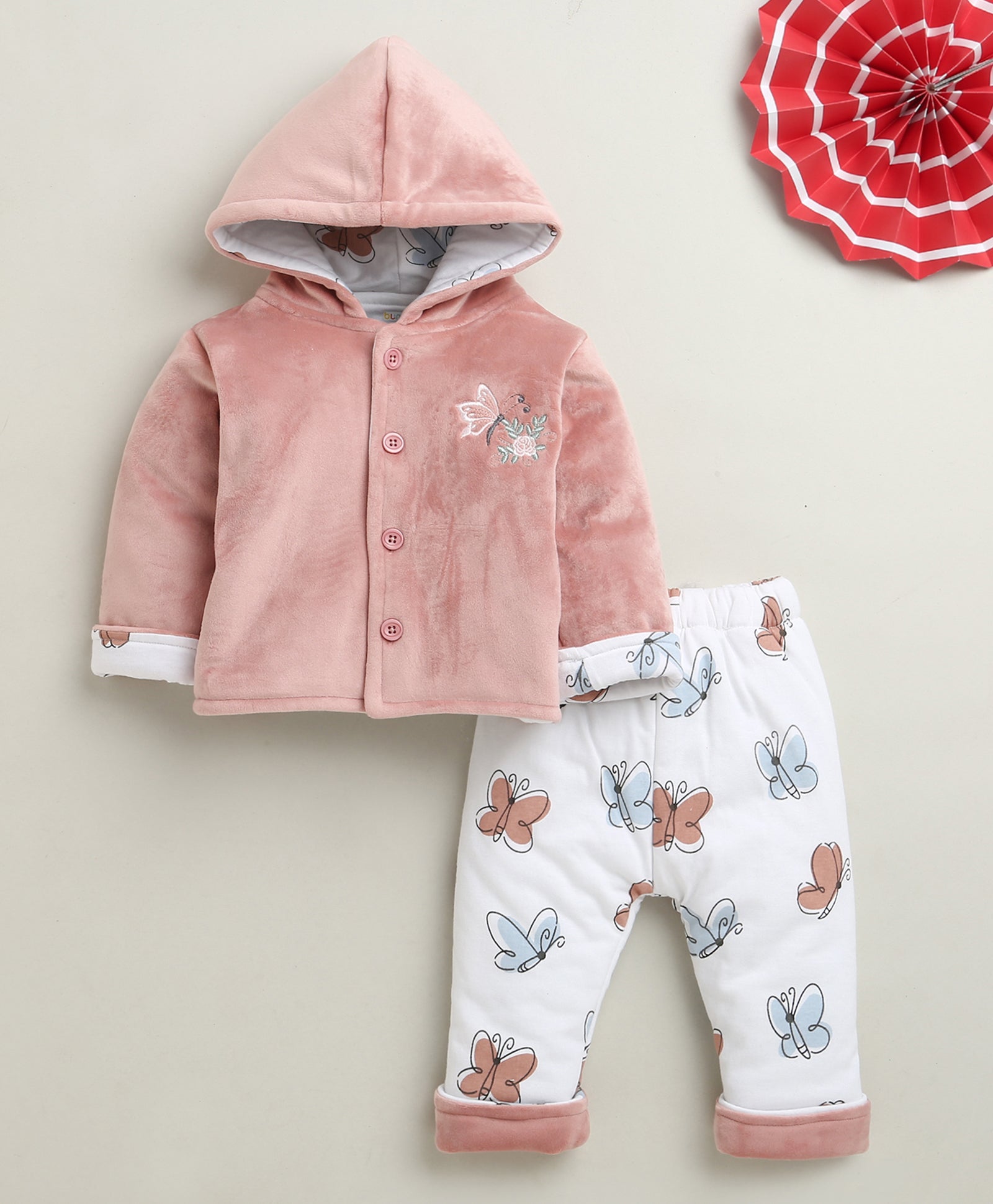 Peach & White Girls Full Sleeves Cotton Blend Winter Wear Set