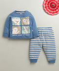 Blue & Beige Boys Full Sleeves Cotton T-Shirt & Pyjama Set