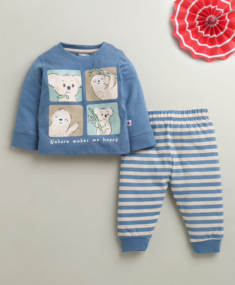 Blue & Beige Boys Full Sleeves Cotton T-Shirt & Pyjama Set