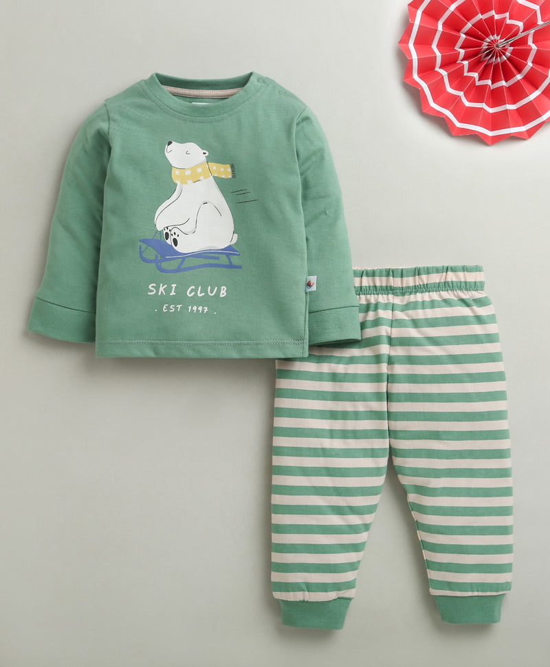 Beige & Green Boys Full Sleeves Cotton T-Shirt & Pyjama Set