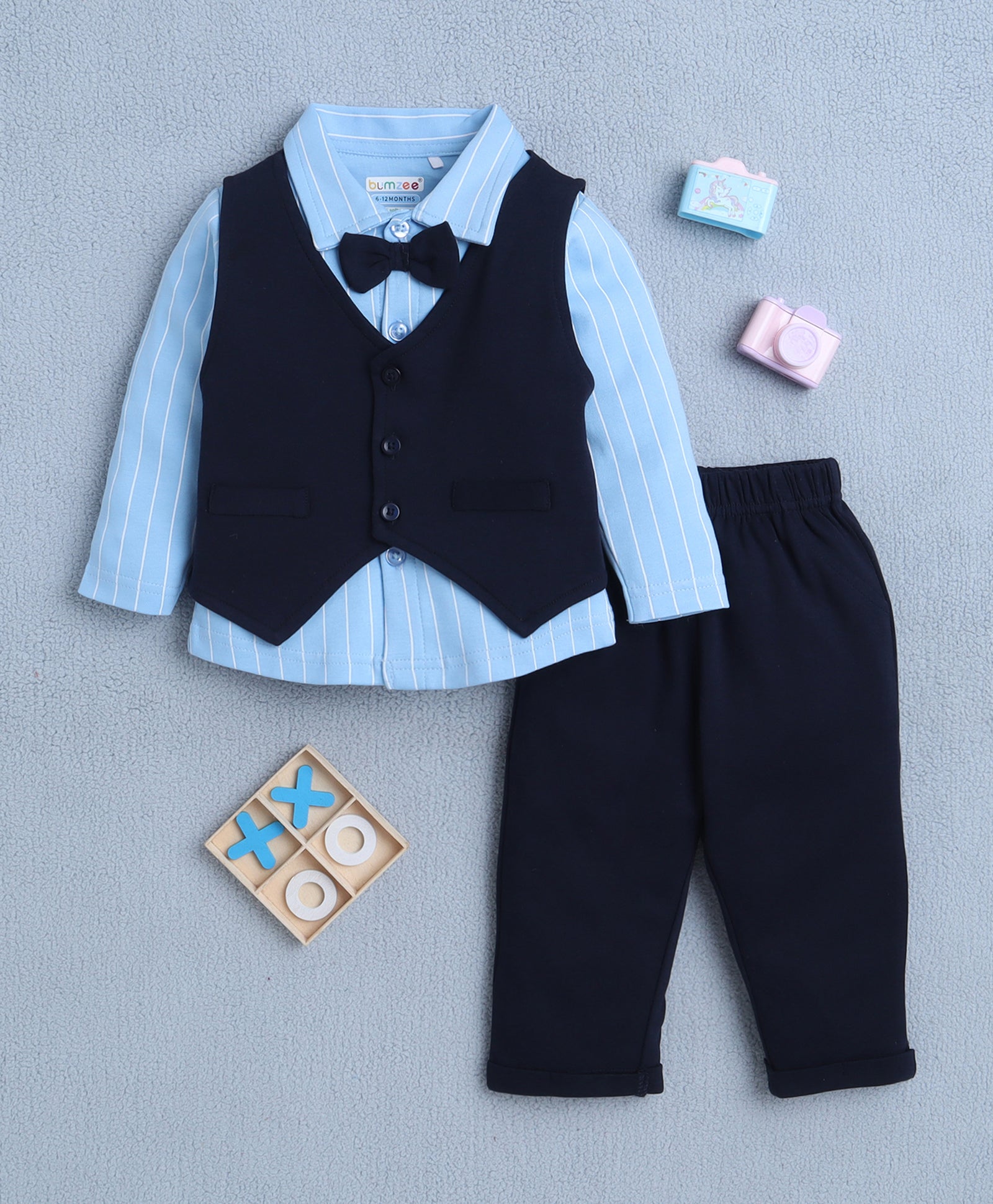 Sky Blue & Navy Boys Full Sleeves Shirt Waistcoat & Pant Set With Applique Bow