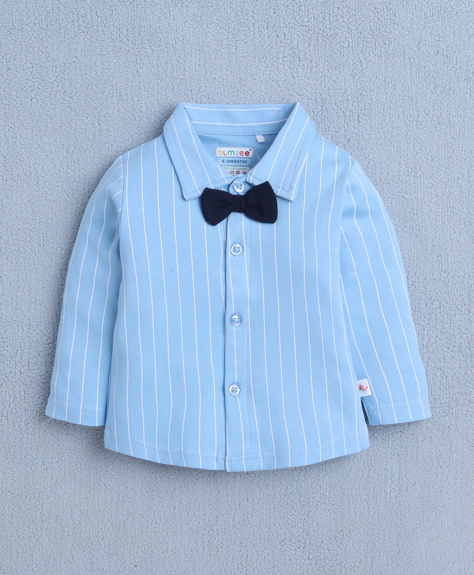 Sky Blue & Navy Boys Full Sleeves Shirt Waistcoat & Pant Set With Applique Bow