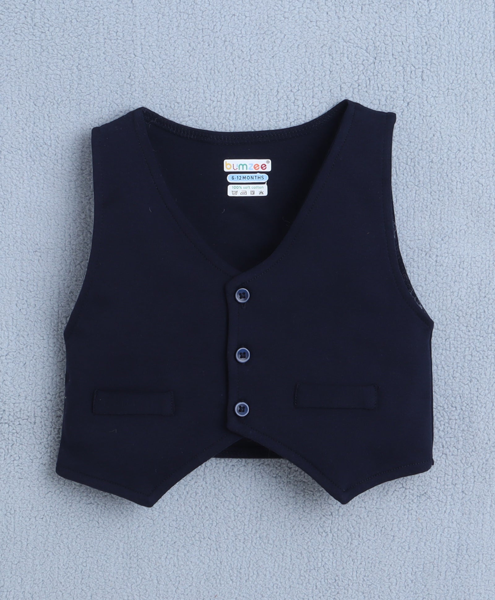 Sky Blue & Navy Boys Full Sleeves Shirt Waistcoat & Pant Set With Applique Bow