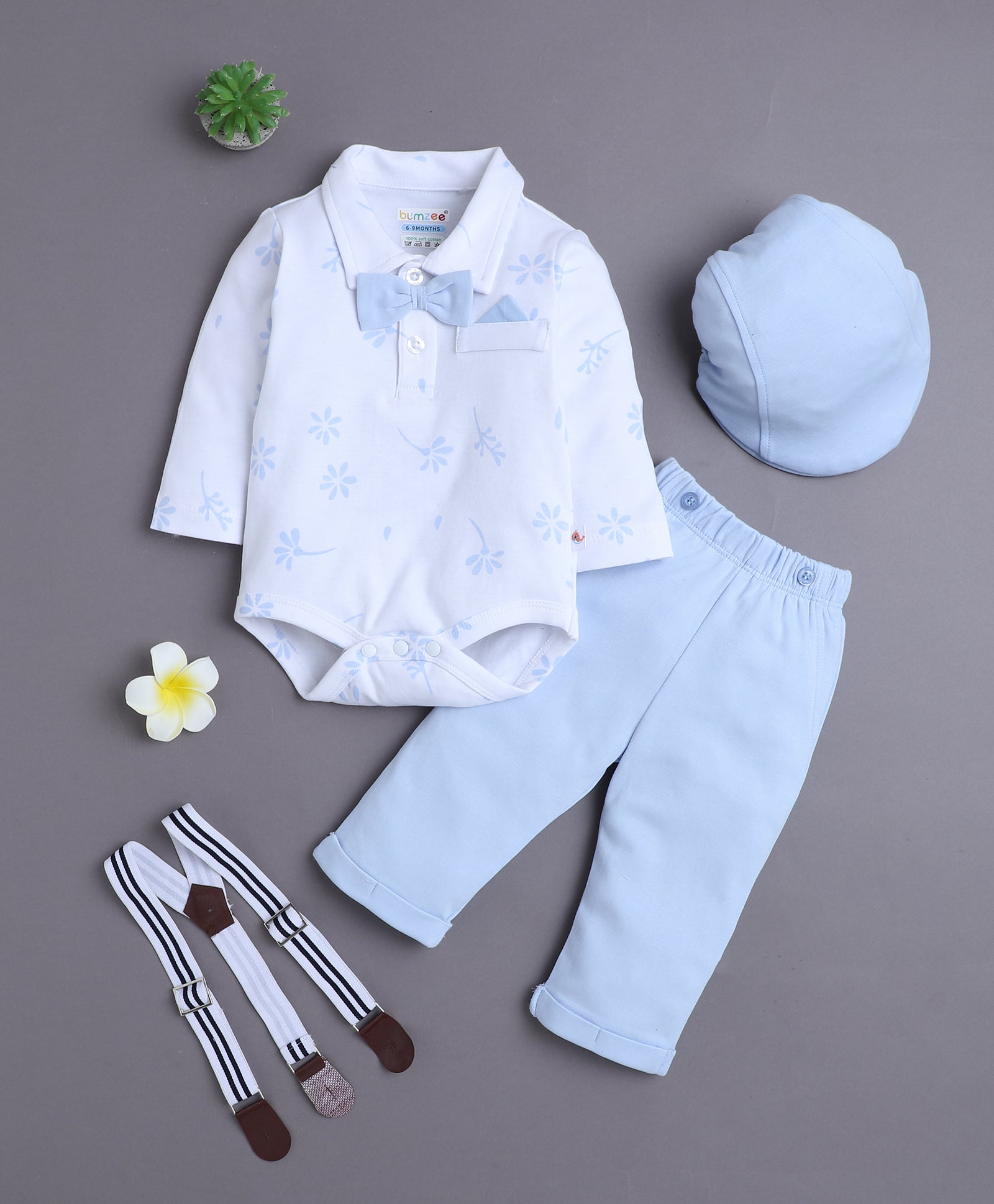 Powder Blue & White Boys Full Sleeves Bodysuit Pant Set With Suspender & Cap