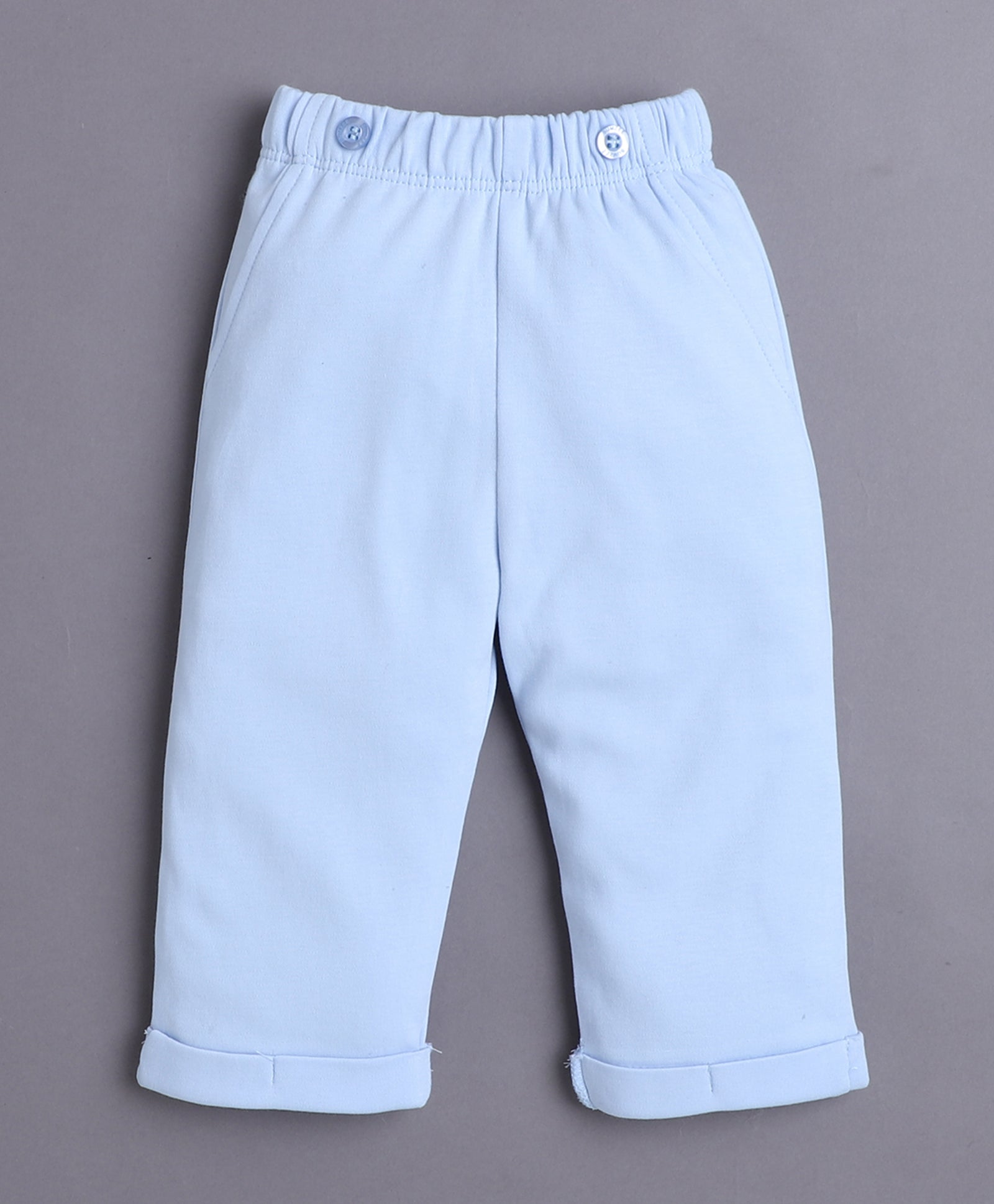Powder Blue & White Boys Full Sleeves Bodysuit Pant Set With Suspender & Cap