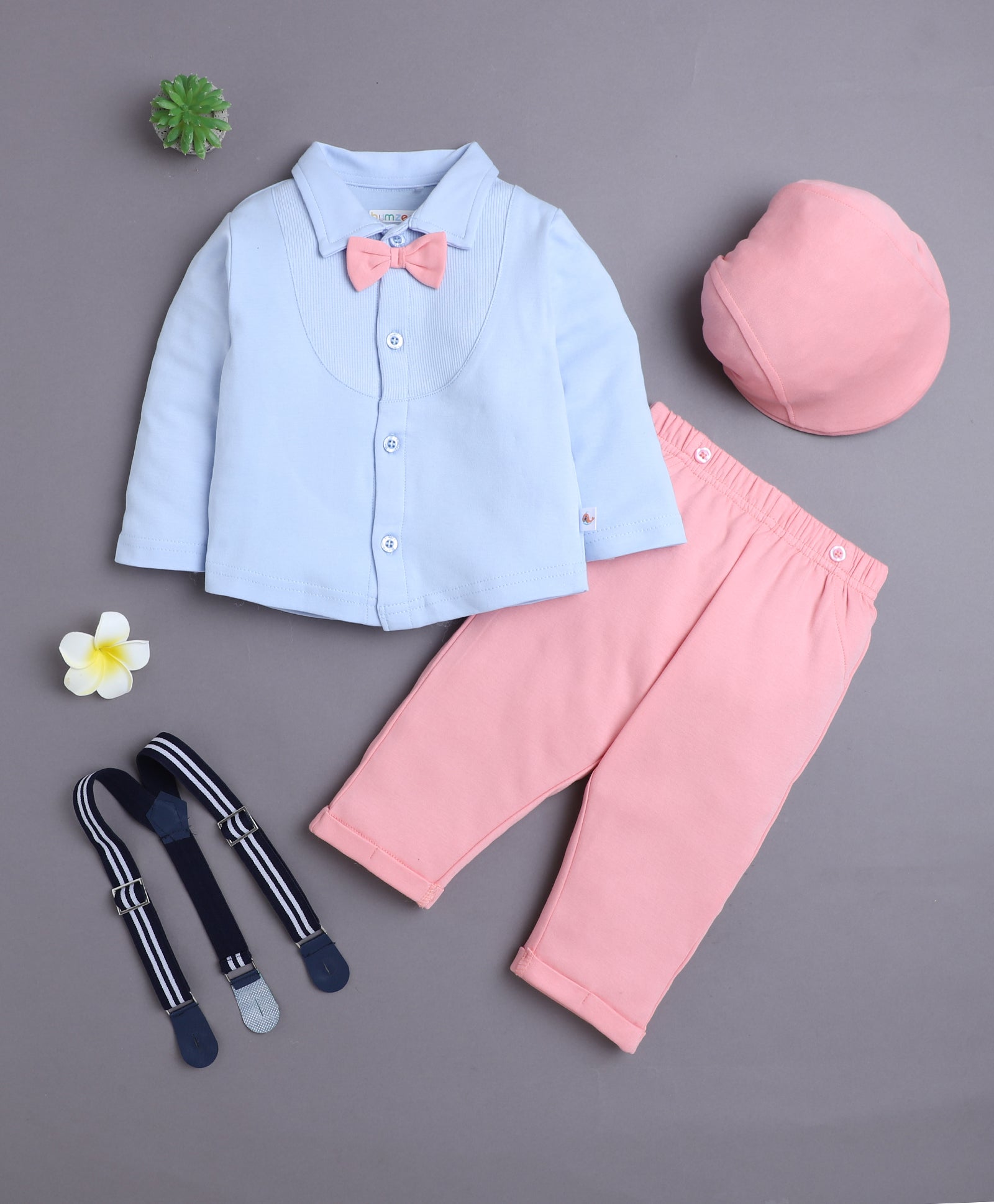 Pink & Powder Blue Boys Full Sleeves Shirt Pant Set With Suspender & Cap