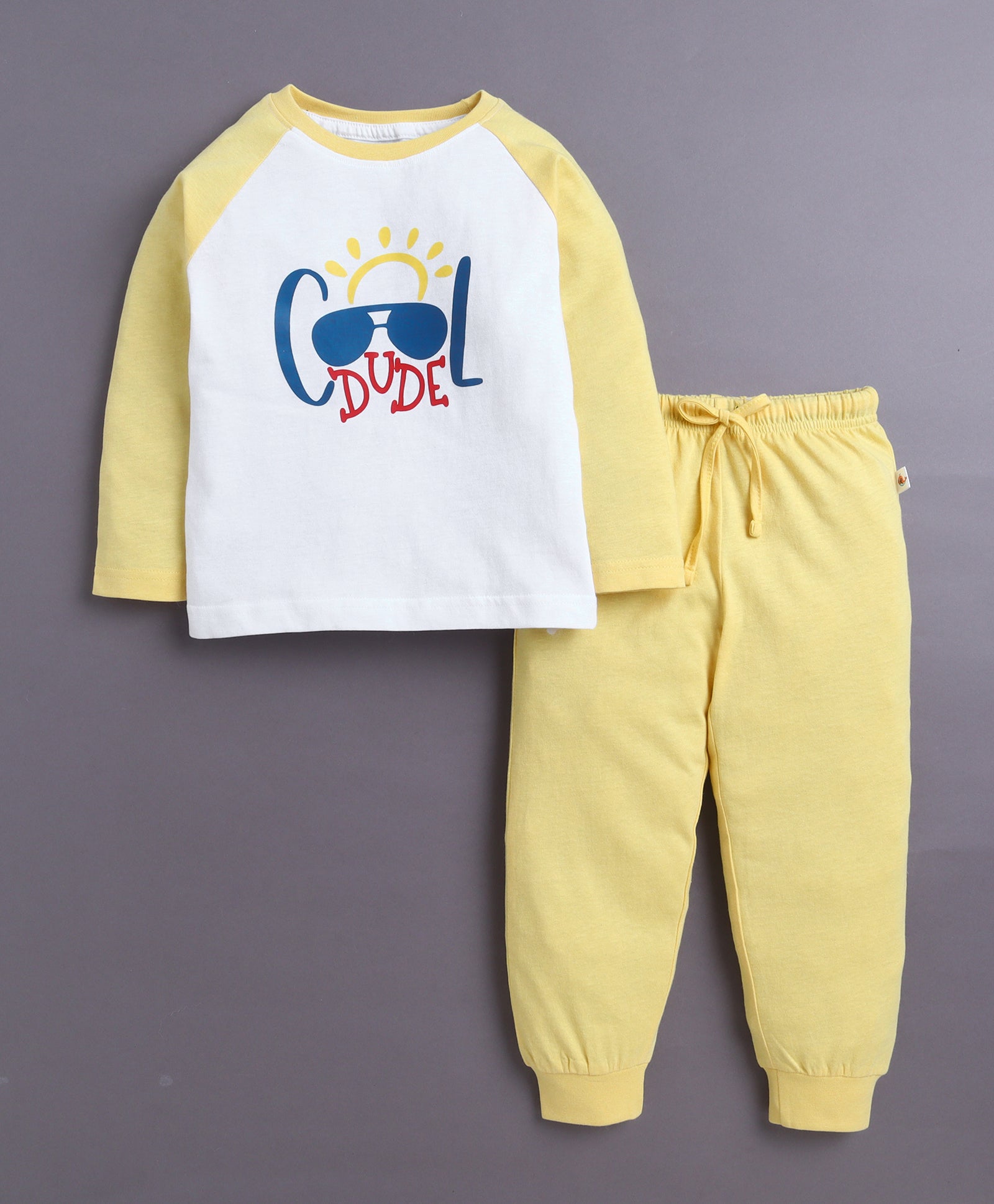 Yellow & White Boys Full Sleeves Cotton T-Shirt & Pyjama Set
