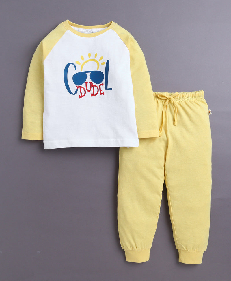 Yellow & White Boys Full Sleeves Cotton T-Shirt & Pyjama Set
