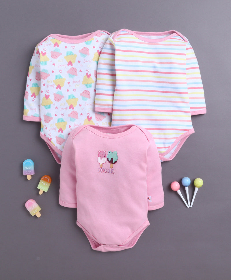 Pink & White Baby Girls Full Sleeves Cotton Bodysuit / Onesies Pack Of 3