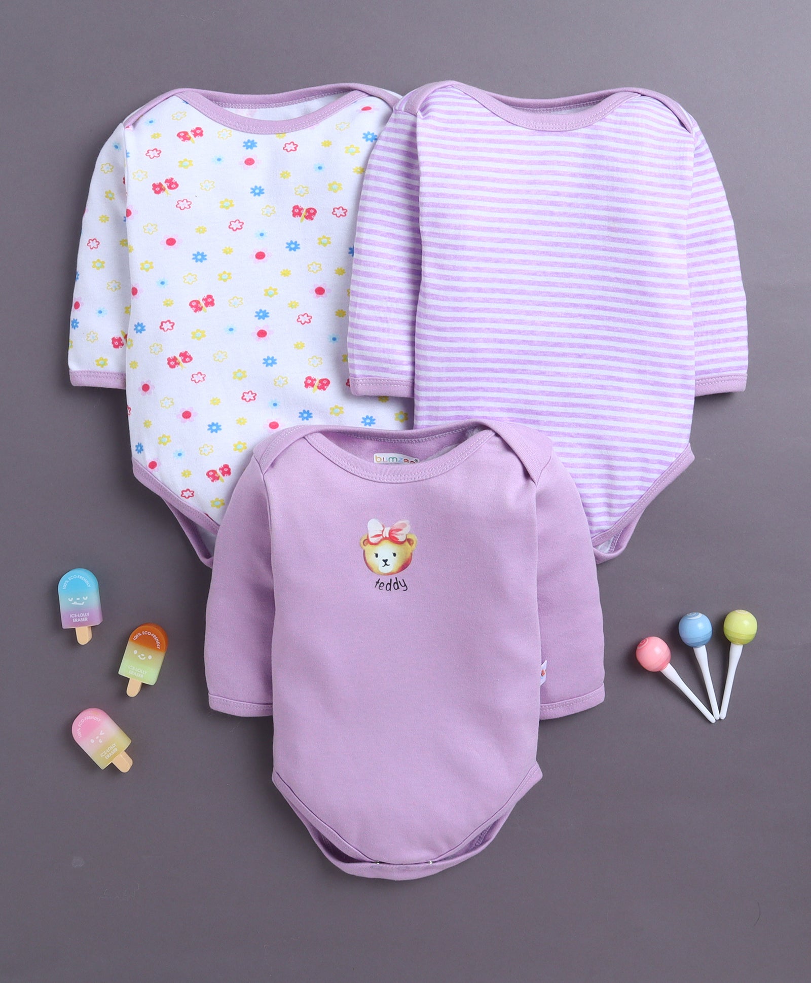 Lavender & White Baby Girls Full Sleeves Cotton Bodysuit / Onesies Pack Of 3