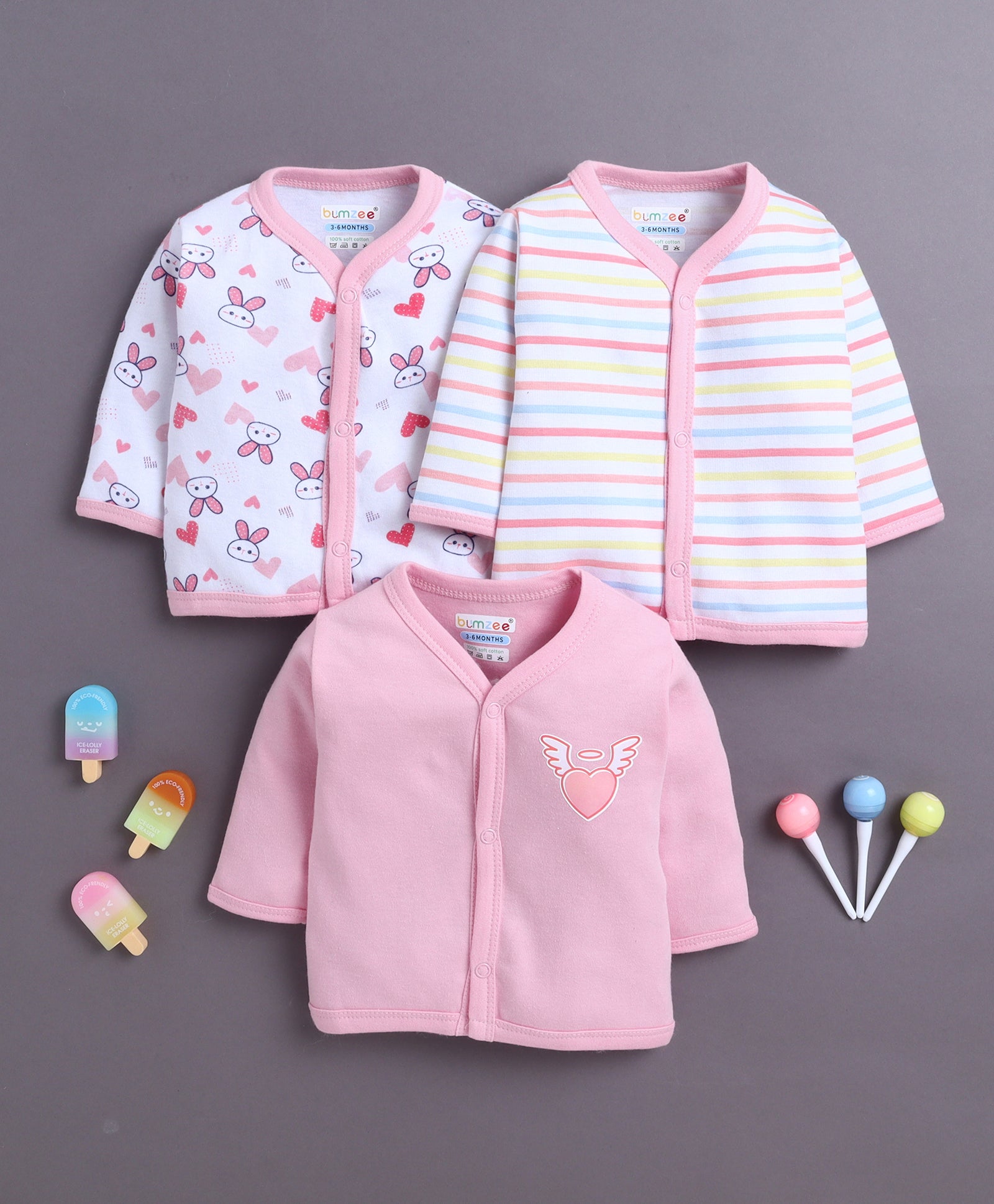 Girls Full Sleeves Jabla Pink & White Pack of 3