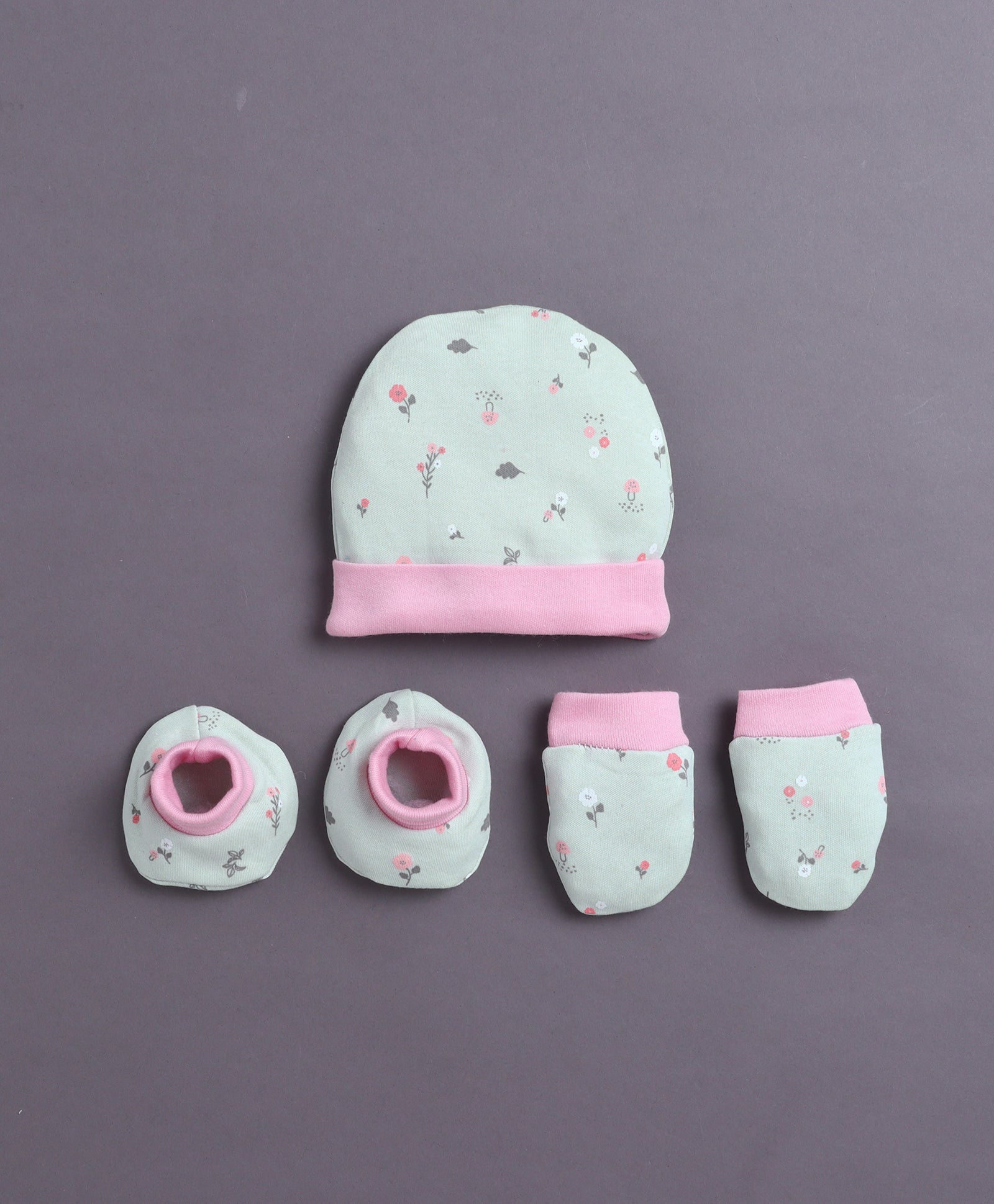 Green & Pink Girls Cotton Cap Mitten Bootie Set