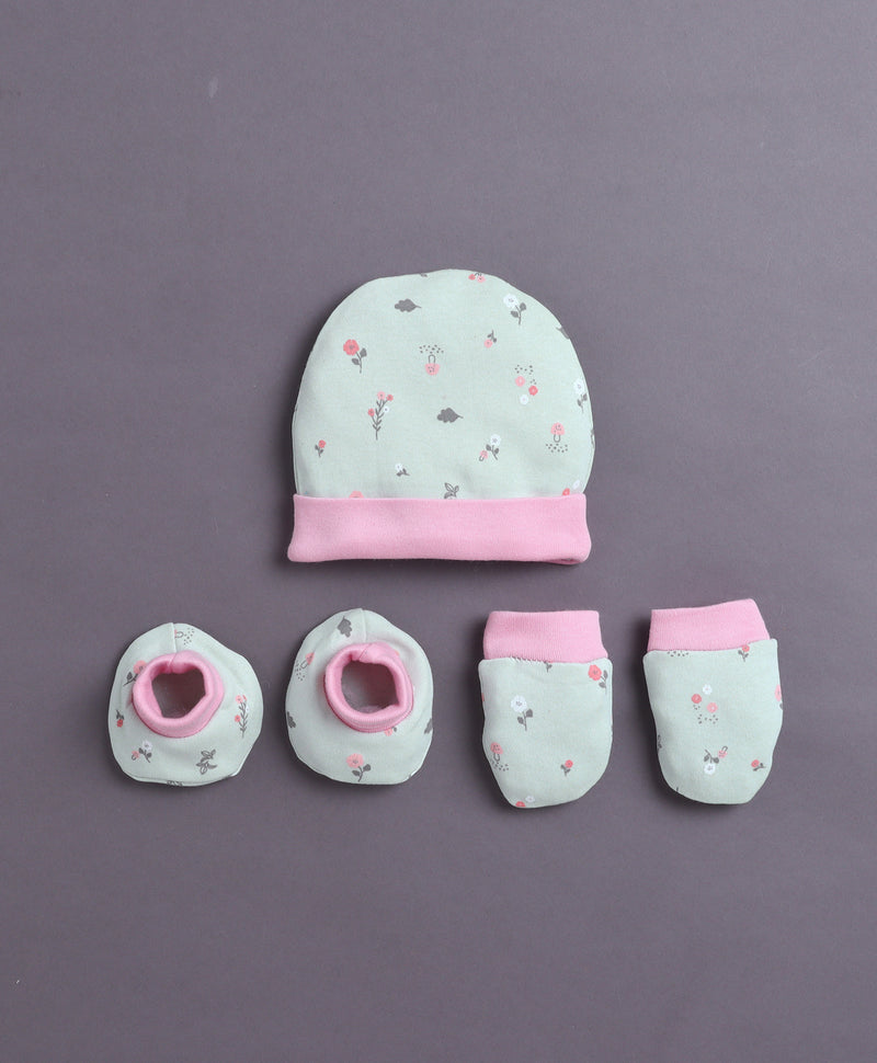 Green & Pink Girls Cotton Cap Mitten Bootie Set