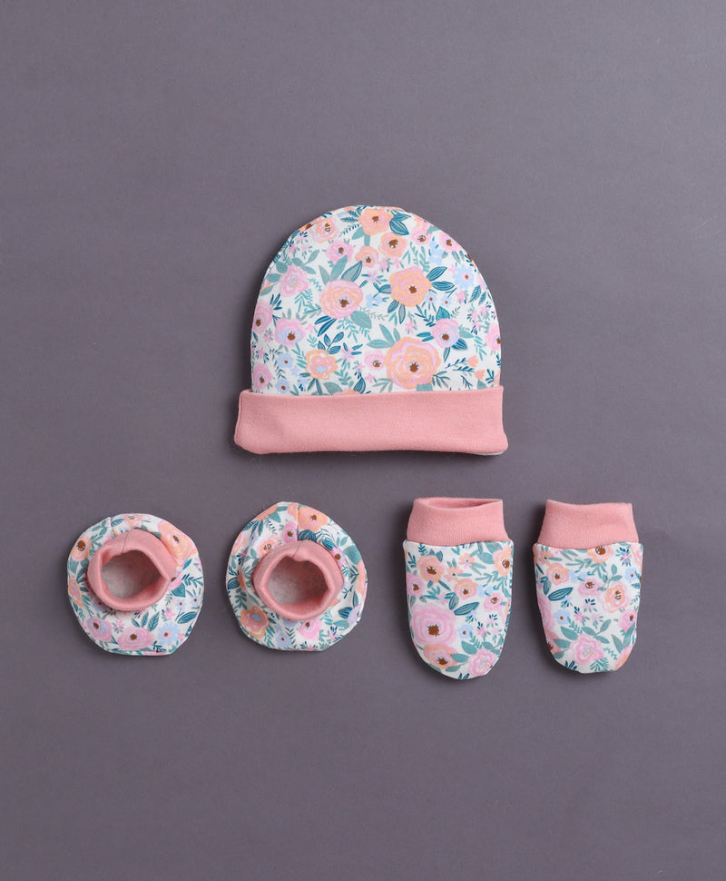 Beige & Peach Girls Cotton Cap Mitten Bootie Set