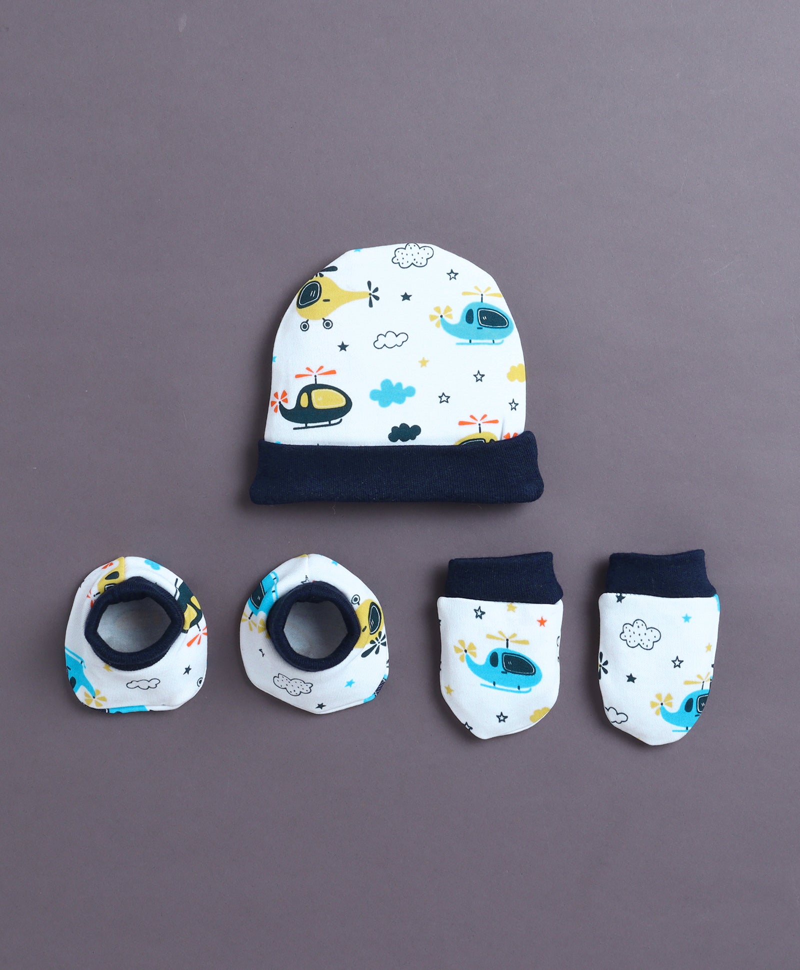 White & Navy Boys Cotton Cap Mitten Bootie Set