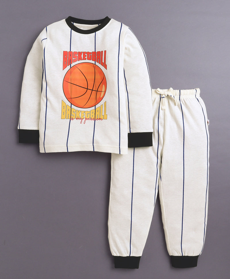 Cream Boys Full Sleeves Cotton T-Shirt & Pyjama Set