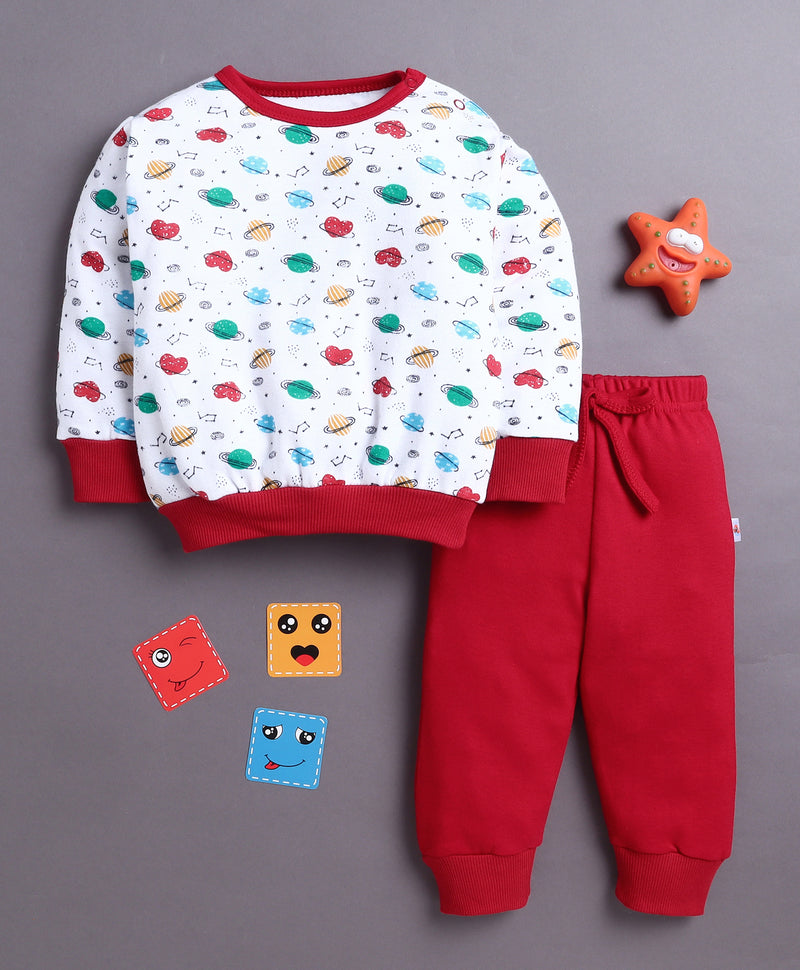 White & Red Boys Full Sleeves Cotton T-Shirt & Jogger Set