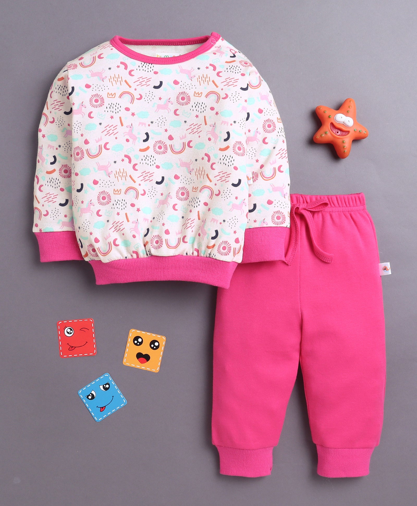 Baby Pink & Pink Girls Full Sleeves Cotton T-Shirt & Jogger Set