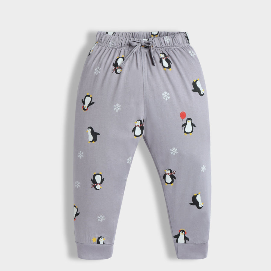Multicolour Party Penguin Print Cotton Full Sleeves T-Shirt & Pant Set