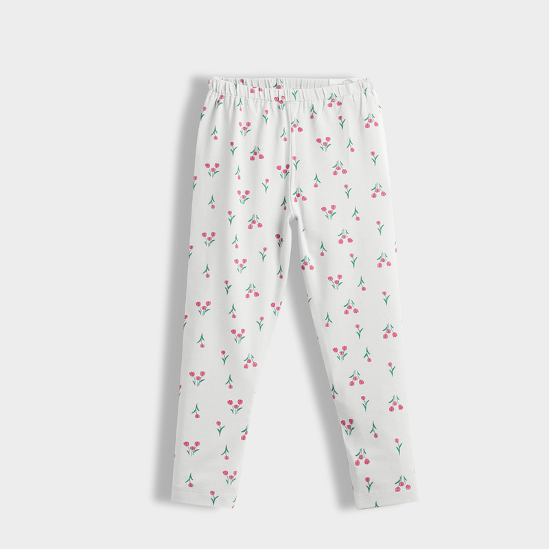 White Tulip Print Cotton Stretch Leggings