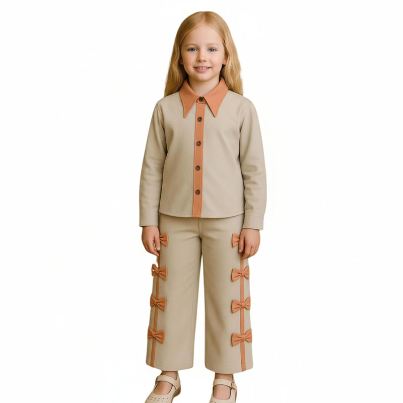 Beige Bow-Detail Pant Set