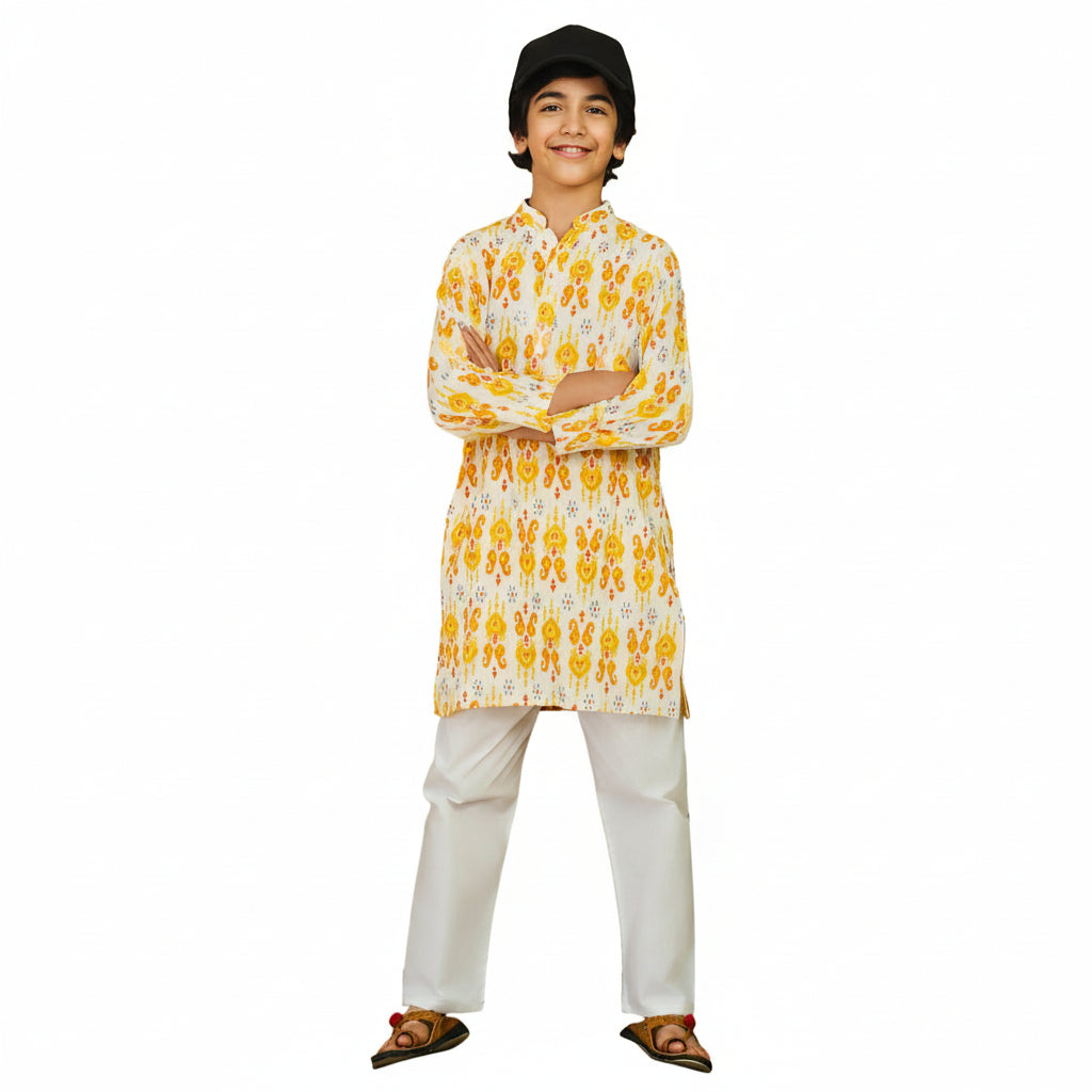 Classic White and Yellow Cotton Baby Kurta & Pajama Set
