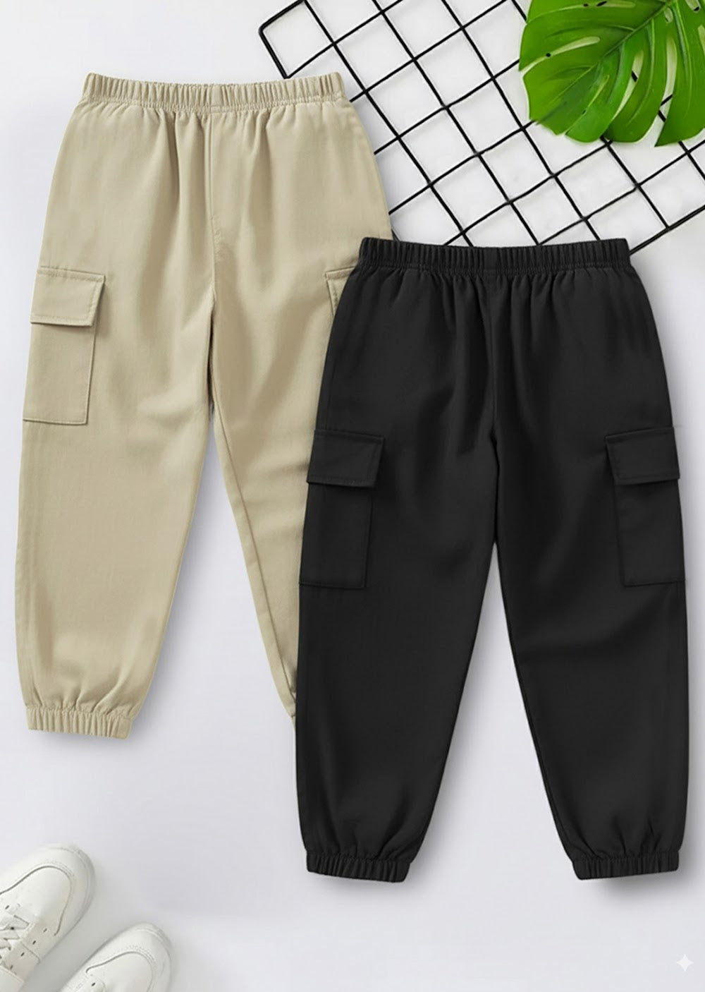 Kids' 2-Pack Khaki and Black Cargo Joggers