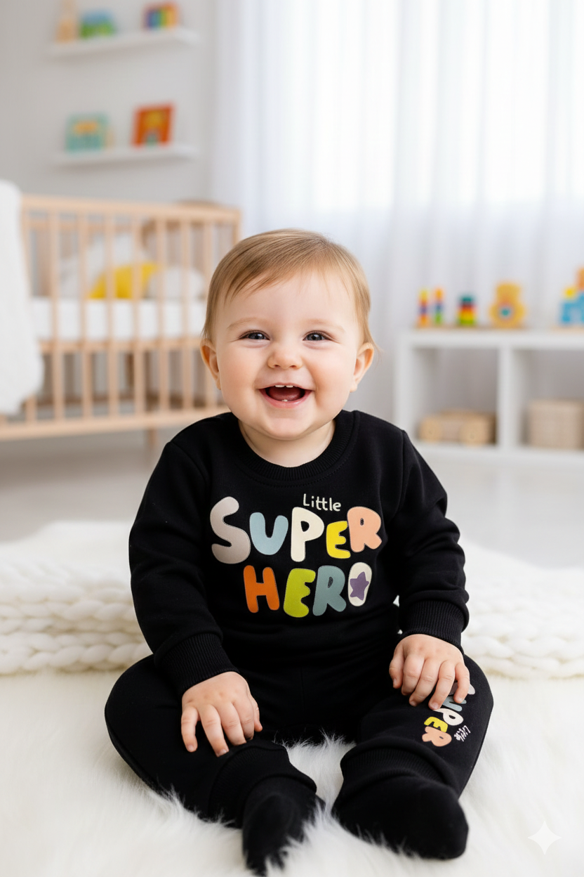 Cotton Fleece Infant Cord Set Black with Super Hero Print