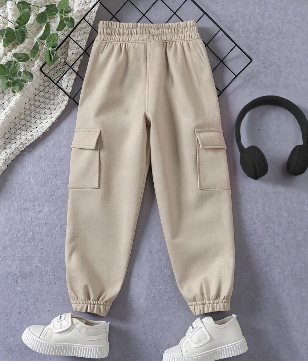 Kids' Khaki Beige Fleece Cargo Joggers