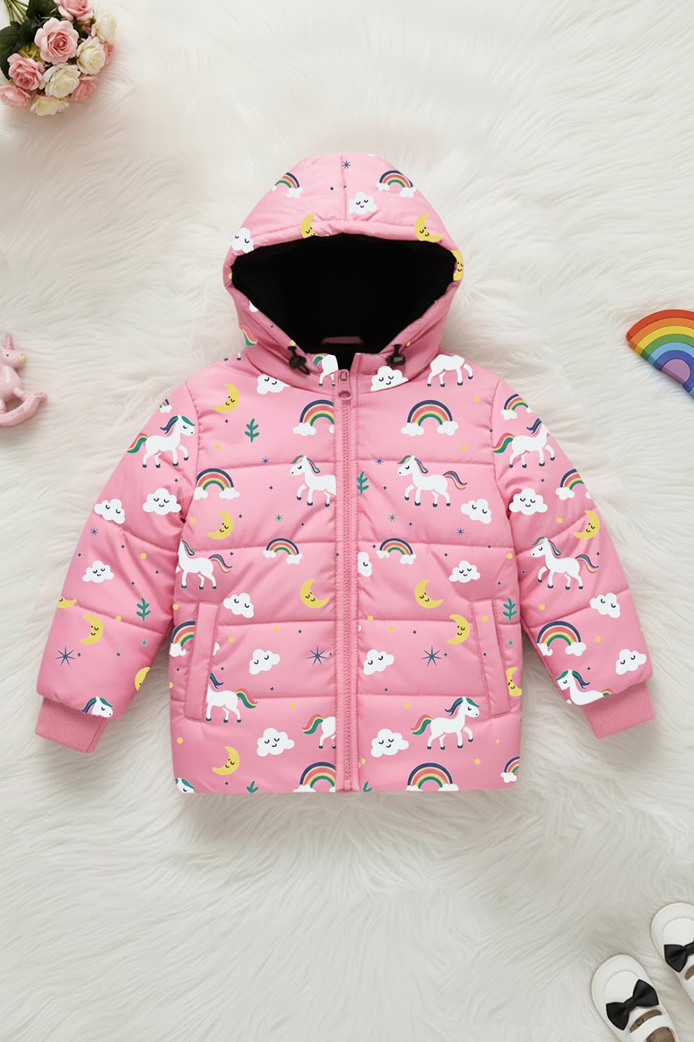 Girls' Hooded Unicorn Print Puffer Jacket
