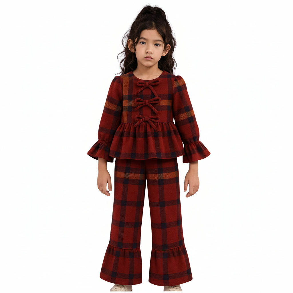 Red Plaid Ruffled Pant Set