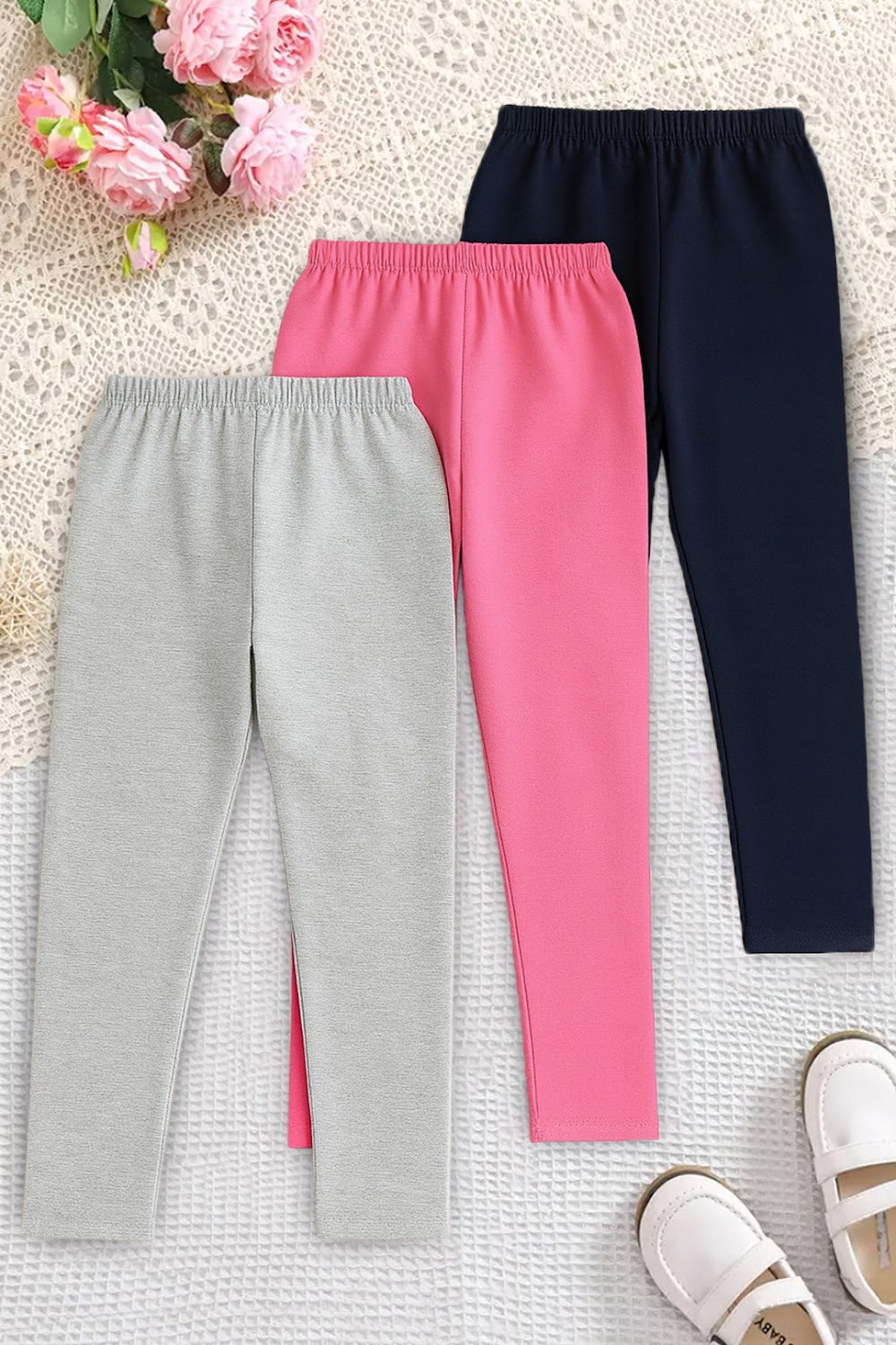 Girls' 3-Pack Solid Leggings (Grey, Pink, Navy)