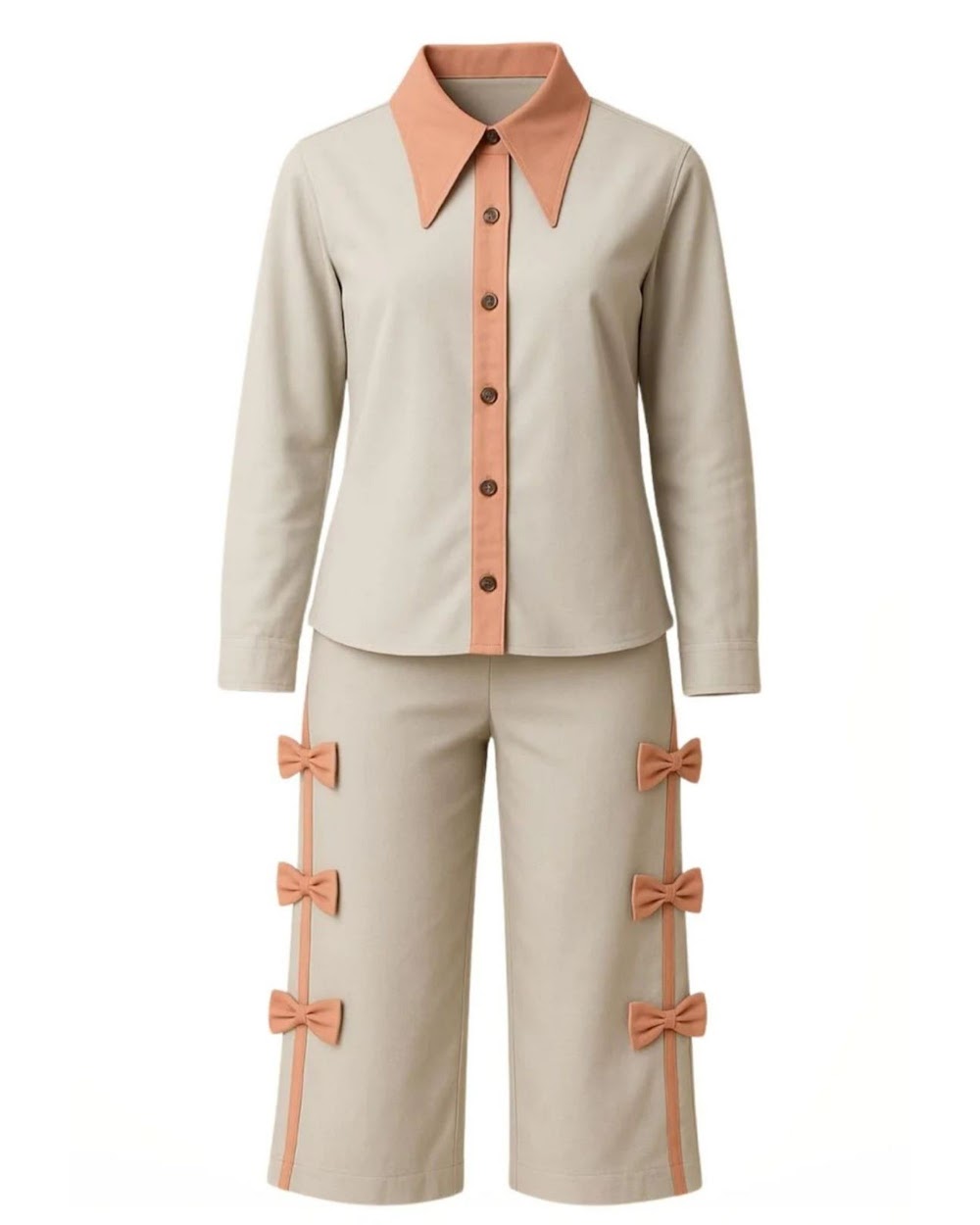 Beige Bow-Detail Pant Set