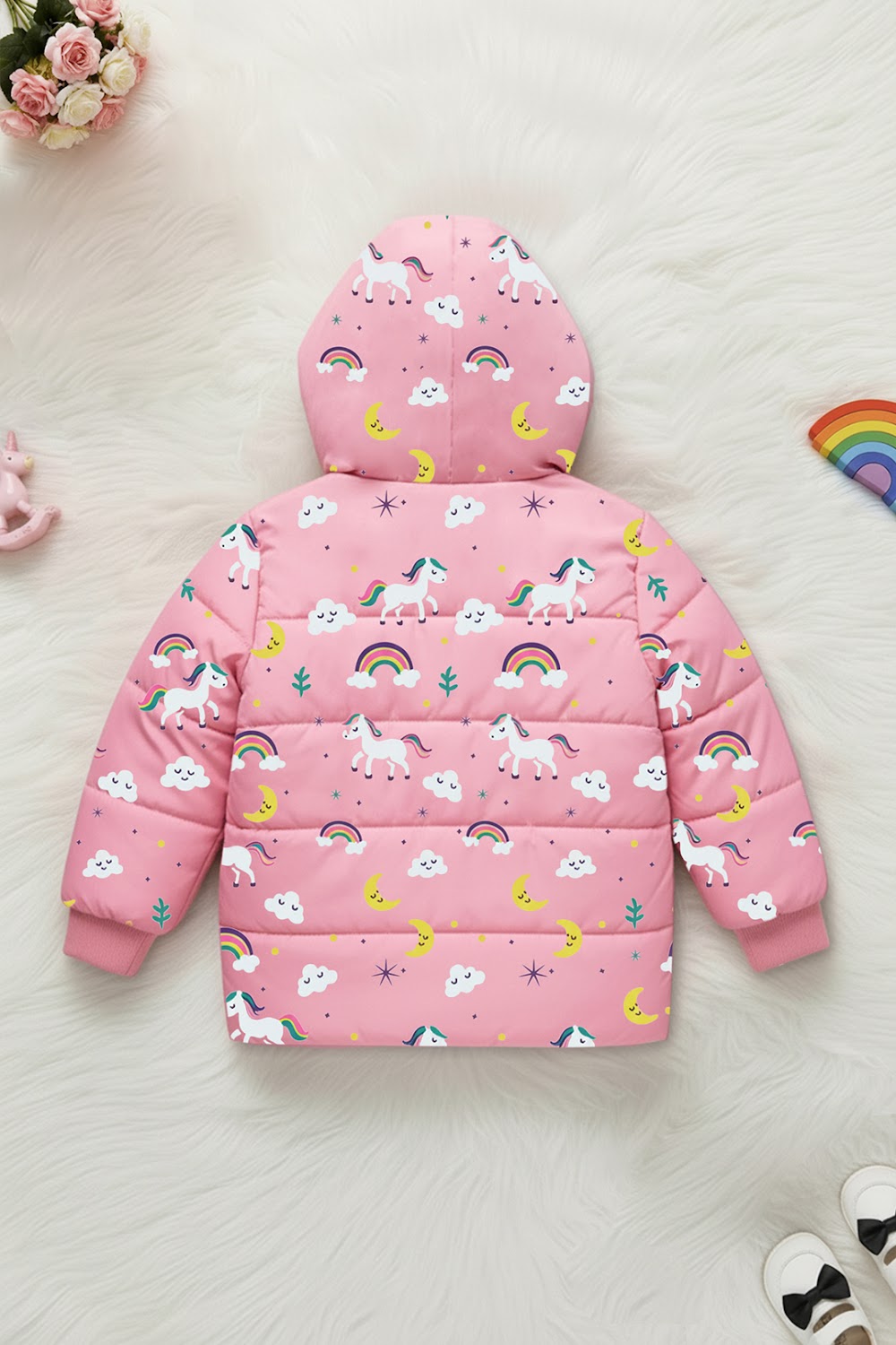 Girls' Hooded Unicorn Print Puffer Jacket