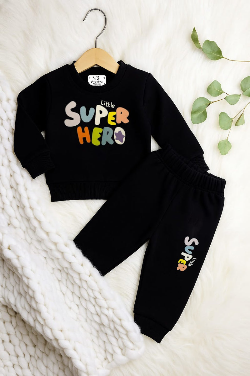 Cotton Fleece Infant Cord Set Black with Super Hero Print