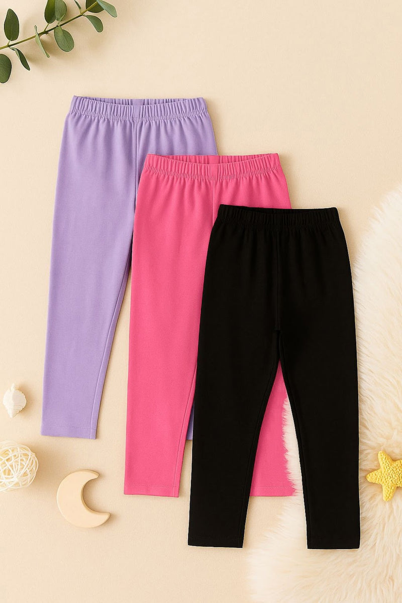 Girls' 3-Pack Solid Leggings (Purple, Pink, Black)