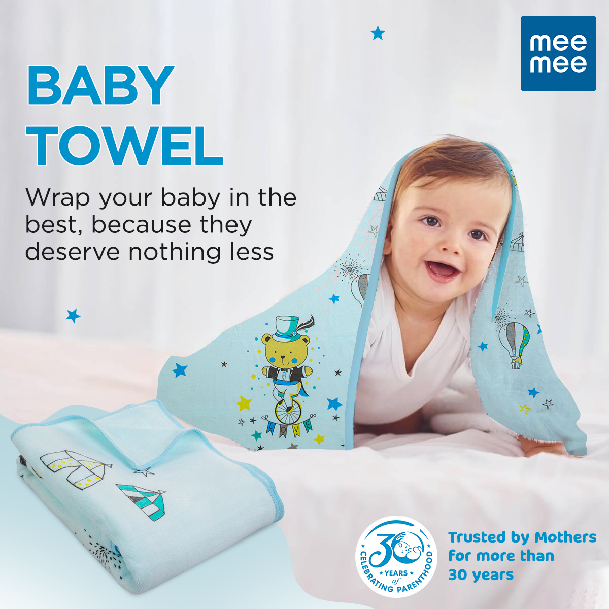 Mee Mee Micro Fiber Baby Bath Towel for New Born | Wash Cloth, Quick Absorbent, Extra Soft Cotton Towels for Kids/Toddlers/Infants/Babies, Pack of 1(Blue)