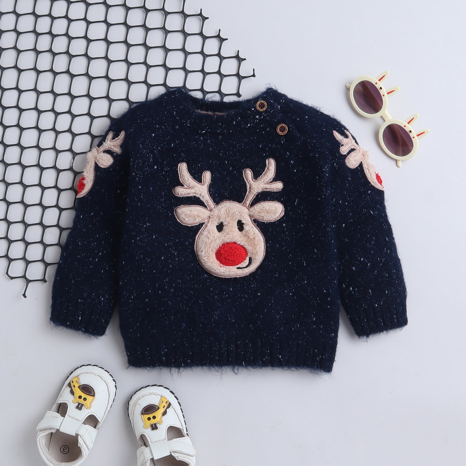 Baby Navy Knit Sweater with Reindeer Motif