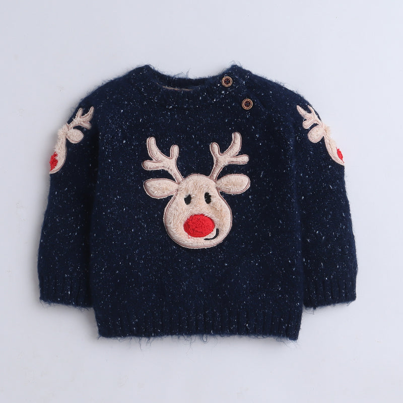 Baby Navy Knit Sweater with Reindeer Motif