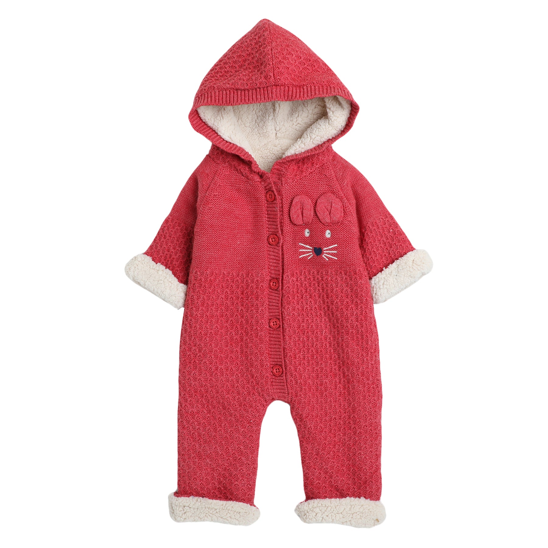 Baby Red Hooded Knit Romper with Fleece Lining
