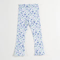 White & Blue Floral Print Flared Ruffle Hem Ribbed Leggings