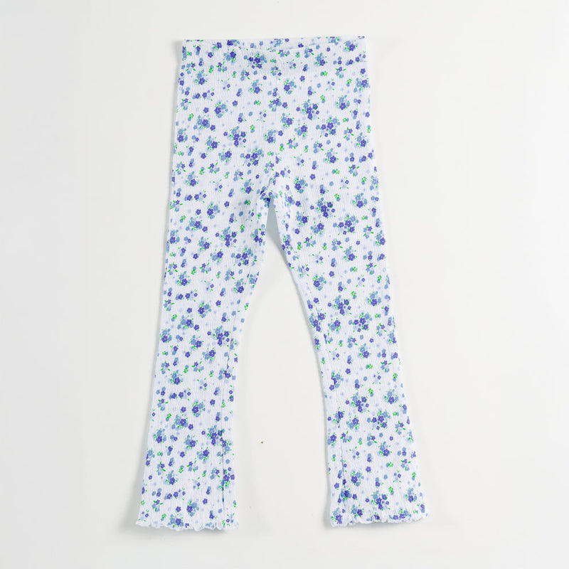 White & Blue Floral Print Flared Ruffle Hem Ribbed Leggings
