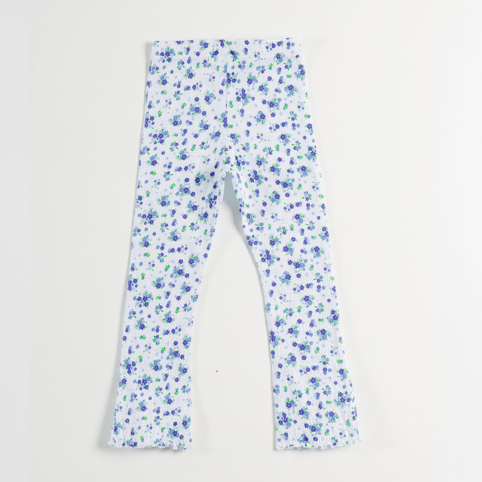 White & Blue Floral Print Flared Ruffle Hem Ribbed Leggings